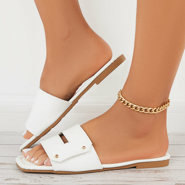 Women Square Toe Slide Sandals Flat Beach Slippers - Image 6