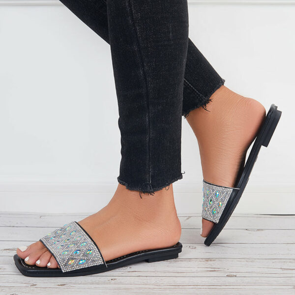 Rhinestone Slide Sandals Shiny Round Toe Flat Slippers - Image 2