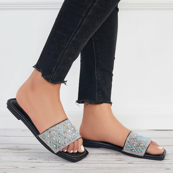 Rhinestone Slide Sandals Shiny Round Toe Flat Slippers - Image 4
