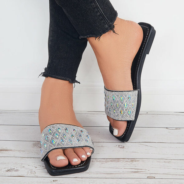 Rhinestone Slide Sandals Shiny Round Toe Flat Slippers - Image 5