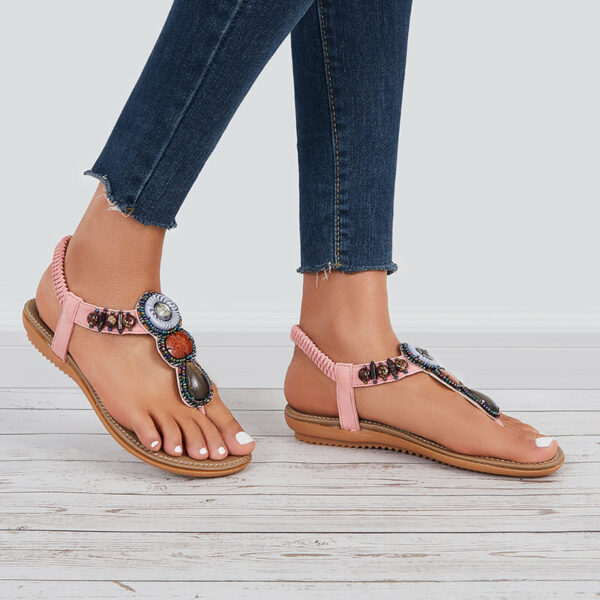 Boho Low Heel Flip Flop Sandals Elastic Ankle T-Strap Dress Shoes - Image 10