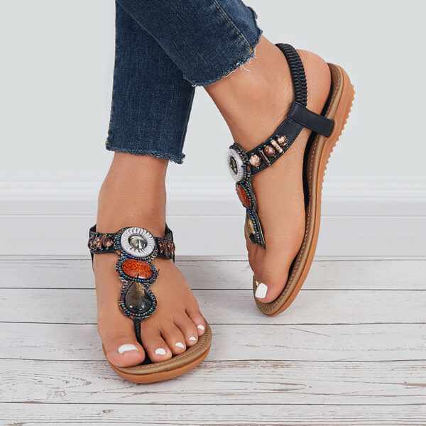 Boho Low Heel Flip Flop Sandals Elastic Ankle T-Strap Dress Shoes - Image 18
